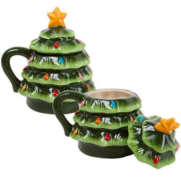 Set Of 2 Green Tree Holiday Mugs with Lids - Picture 3 of 3